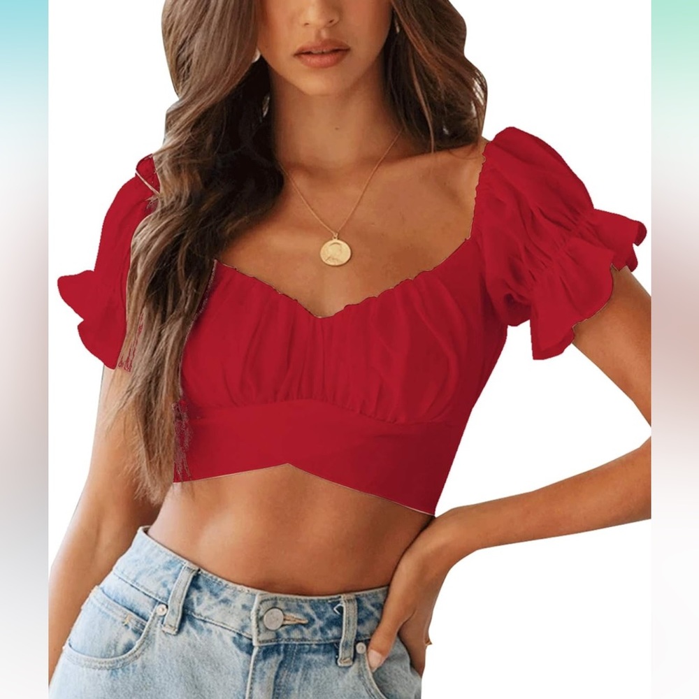 NWOT Red Ruffle Short Sleeve Crop Bardot Top Off Shoulder Size Medium